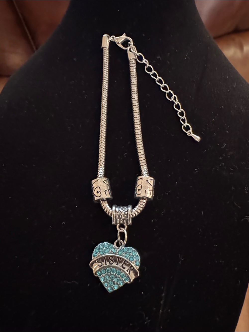 Silver-Tone 'Sister' Heart Pendant Bracelet with Teal Crystals